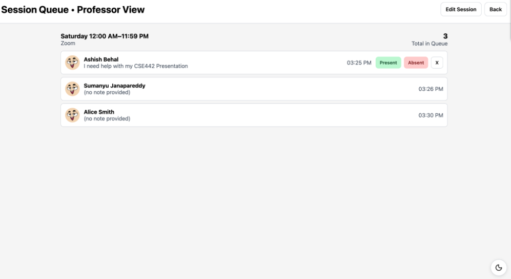 Session Queue — Professor View